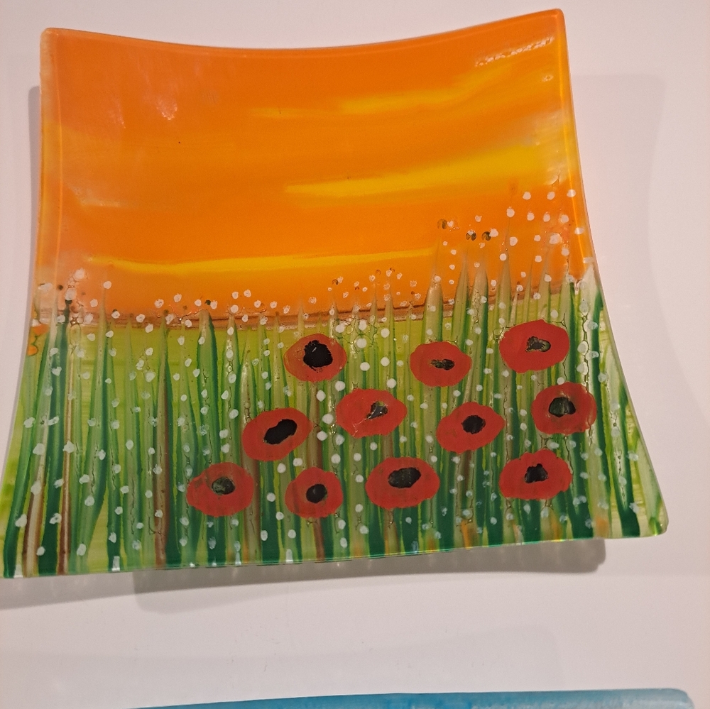 2 Vietri Italy Fused Glass Winding River & Poppy Trinket Dishes - Picture 3 of 7